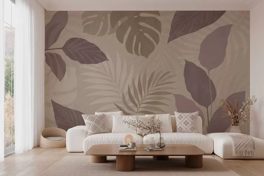 murales Hojas tropicales texturizadas sobre fondo arenoso. w05063