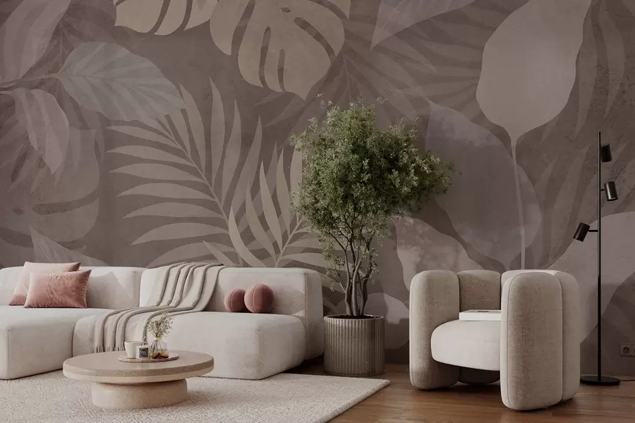 murales hojas tropicales texturizadas sobre fondo chocolate w05063v2