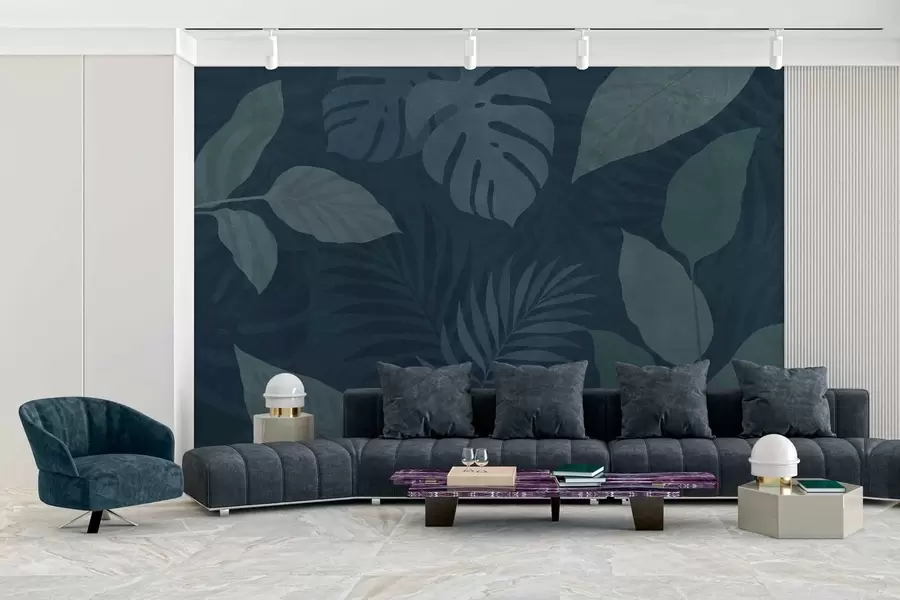 Wall Mural Photo Wallpaper textured tropical leaves on a dark blue background w05063v3