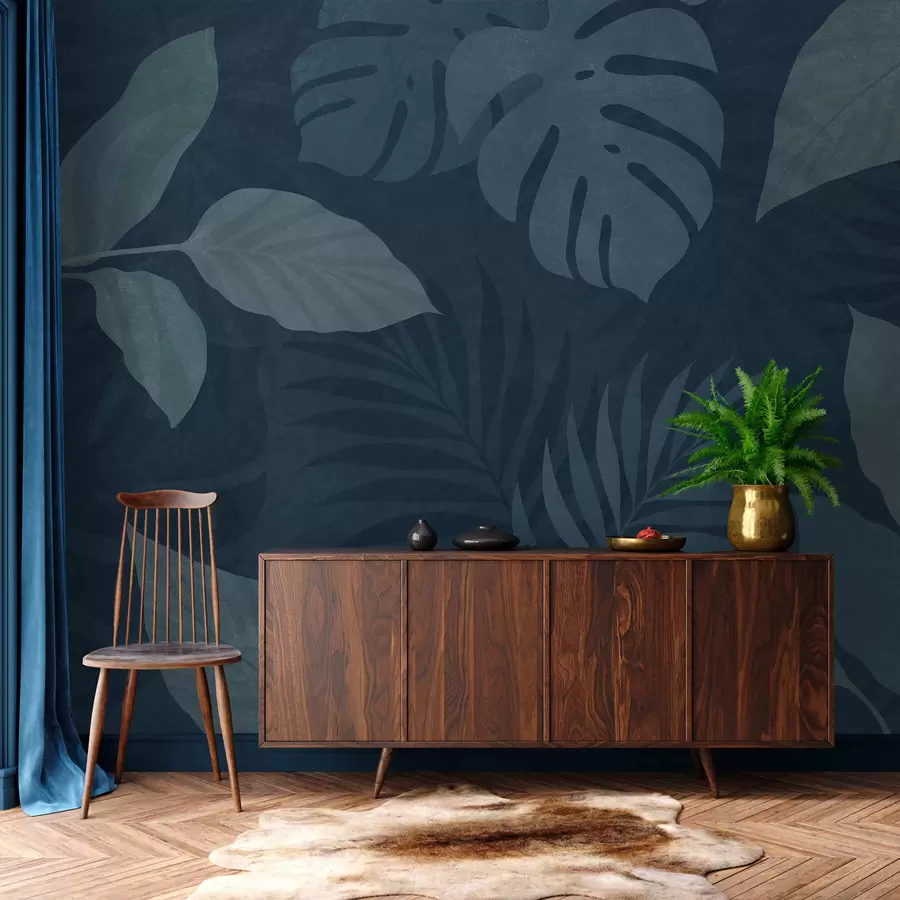 Wall Mural Photo Wallpaper textured tropical leaves on a dark blue background w05063v3