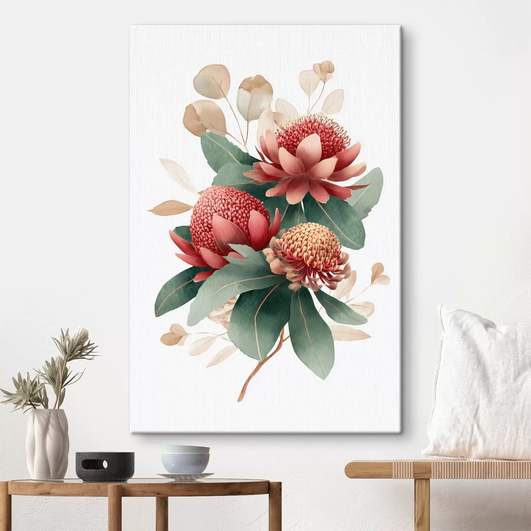 wall murals Floral composition with large proteas and eucalyptus in modern digital painting illustration style s46955