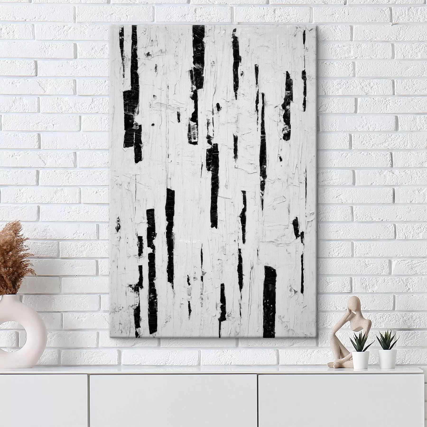 wall murals Abstract composition with black vertical brushstrokes on a white background in oil painting style s46956