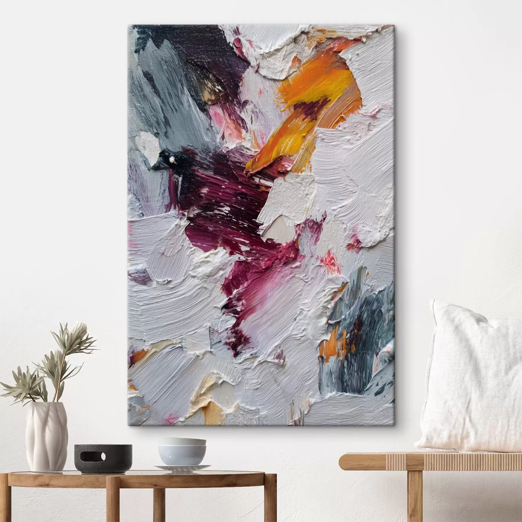 wall murals Abstract composition with intense cherry and orange brushstrokes in oil painting style s46959