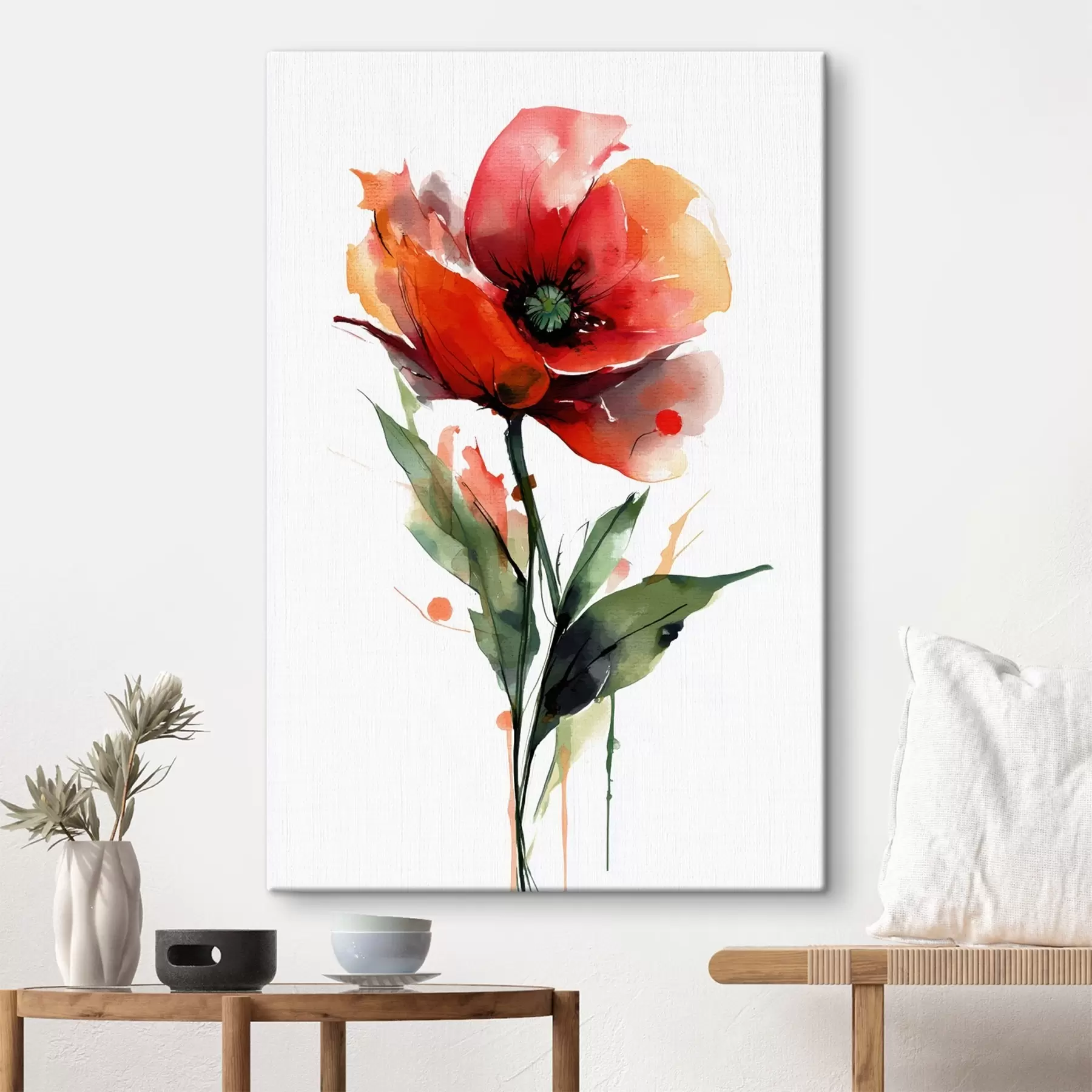 murales Flor de amapola con expresivas gotas de pintura acuarela en estilo ilustrativo de arte moderno. s47086