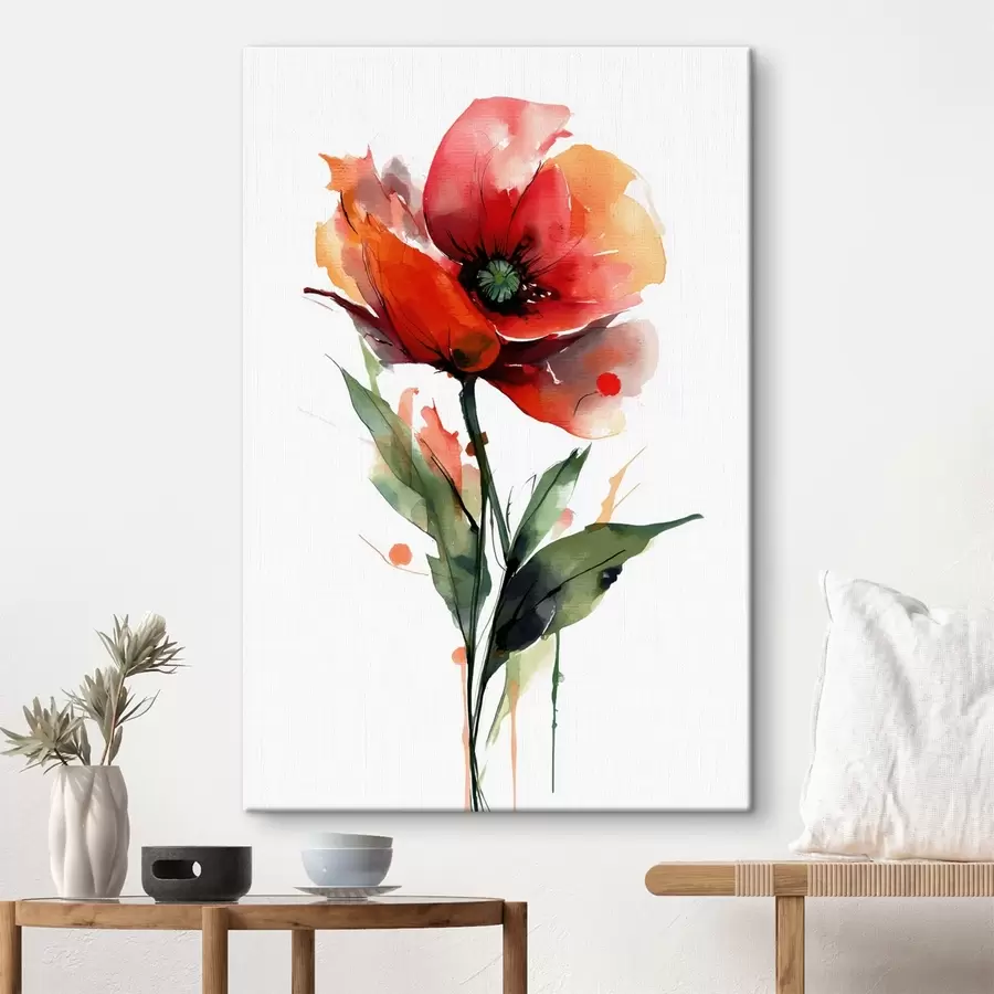 murales Flor de amapola con expresivas gotas de pintura acuarela en estilo ilustrativo de arte moderno. s47086