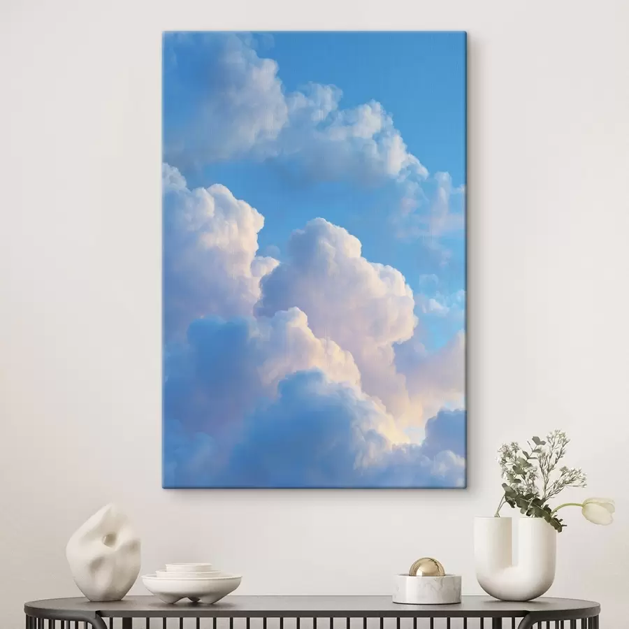 wall murals Voluminous clouds in a soft blue and pink palette in photorealistic digital graphics style s47088