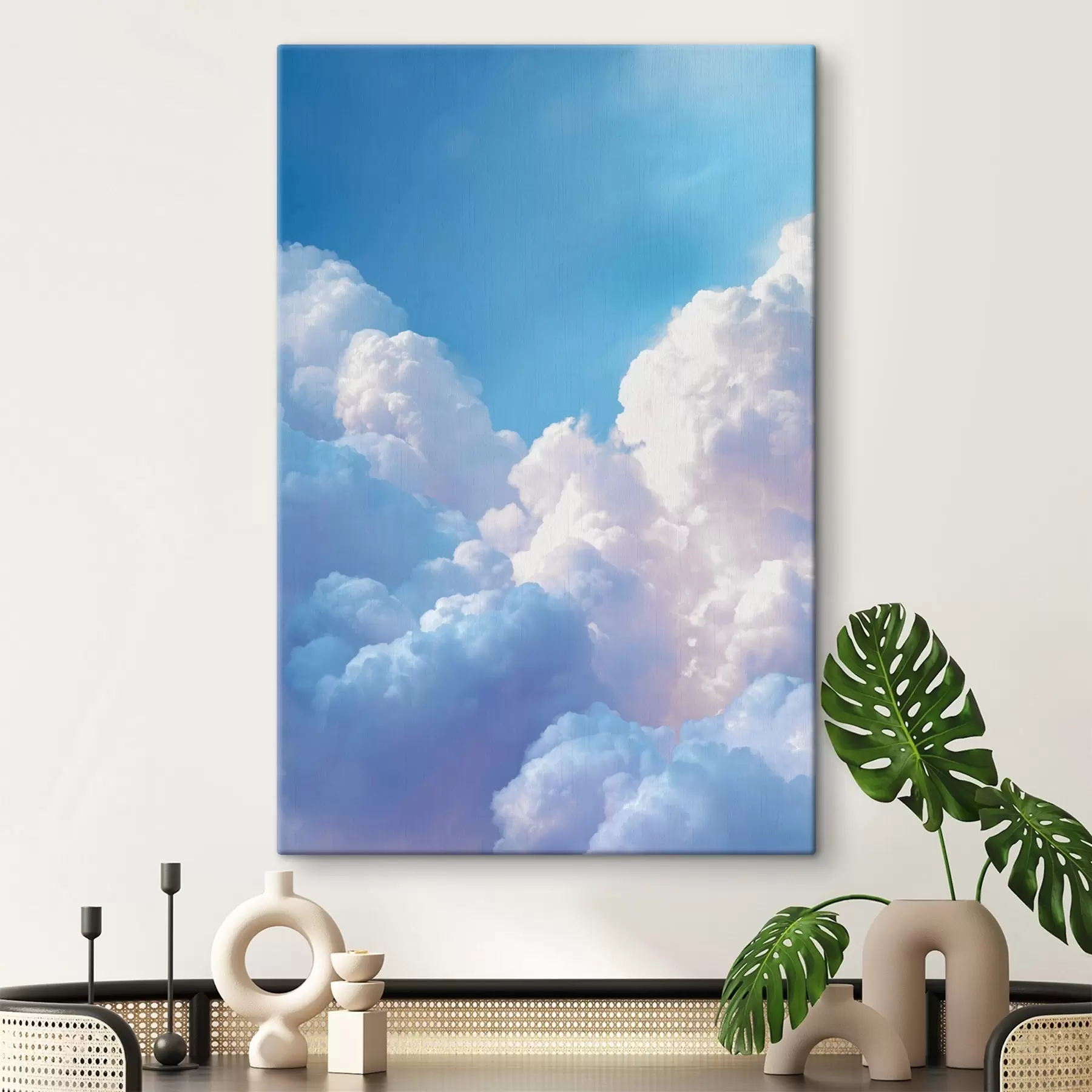 murales Pintoresco paisaje celeste con enormes nubes blancas en estilo gráfico digital. s47089