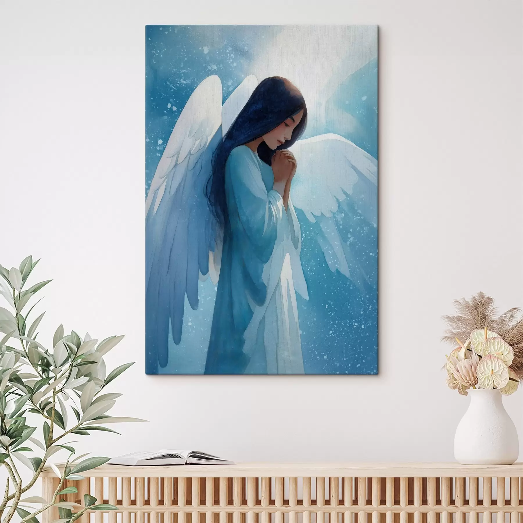wall murals Watercolor harmony: angel in light on a blue background s47094