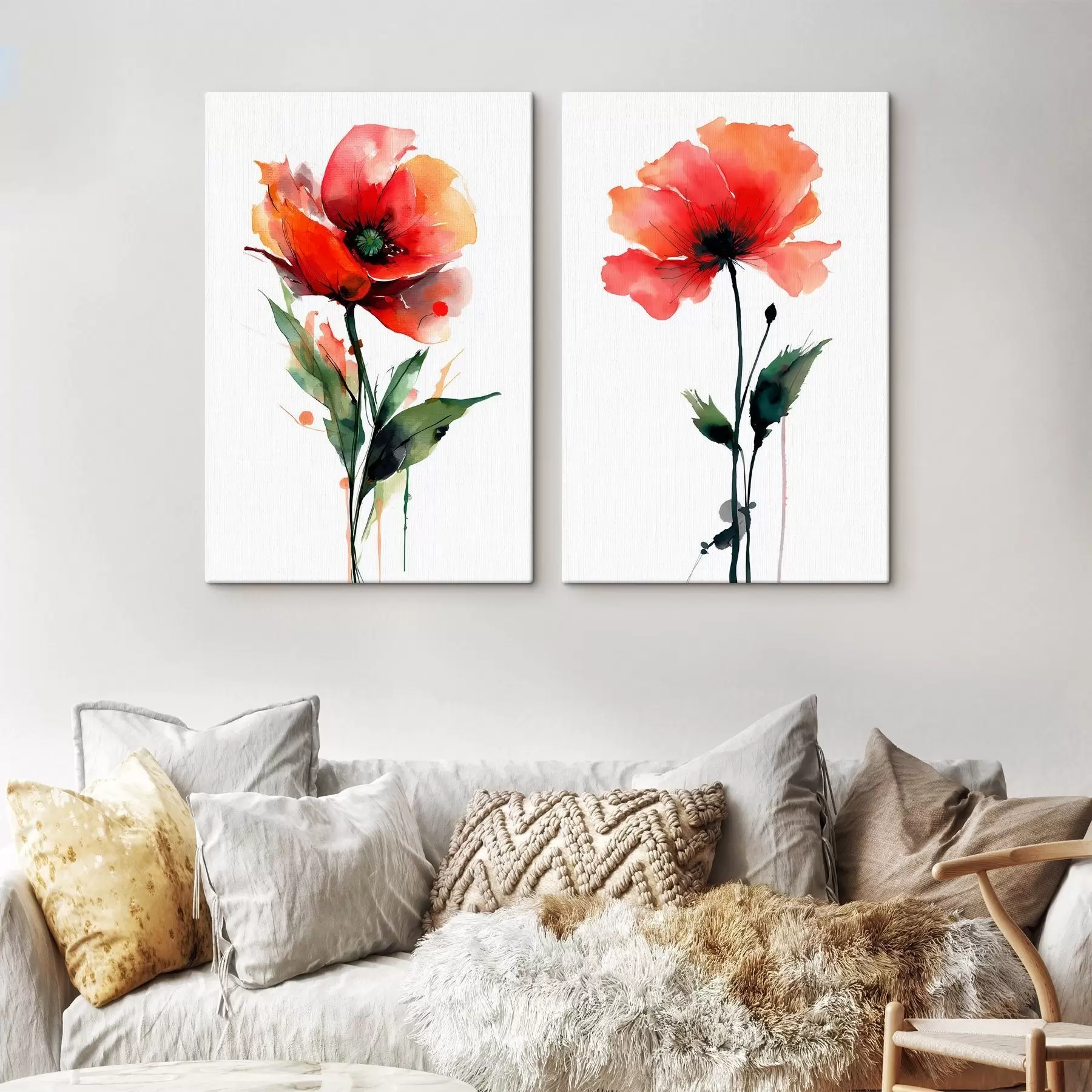 wall murals Composition with red poppies on a white background in watercolor style m01100