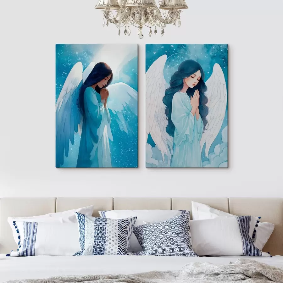 murales Arte sacro moderno en estilo acuarela con la imagen de un ángel guardián con túnicas azules. m01153