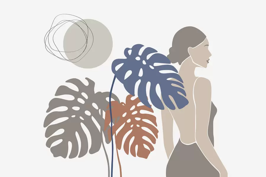 murales Silueta de una mujer cerca de hojas tropicales w05192