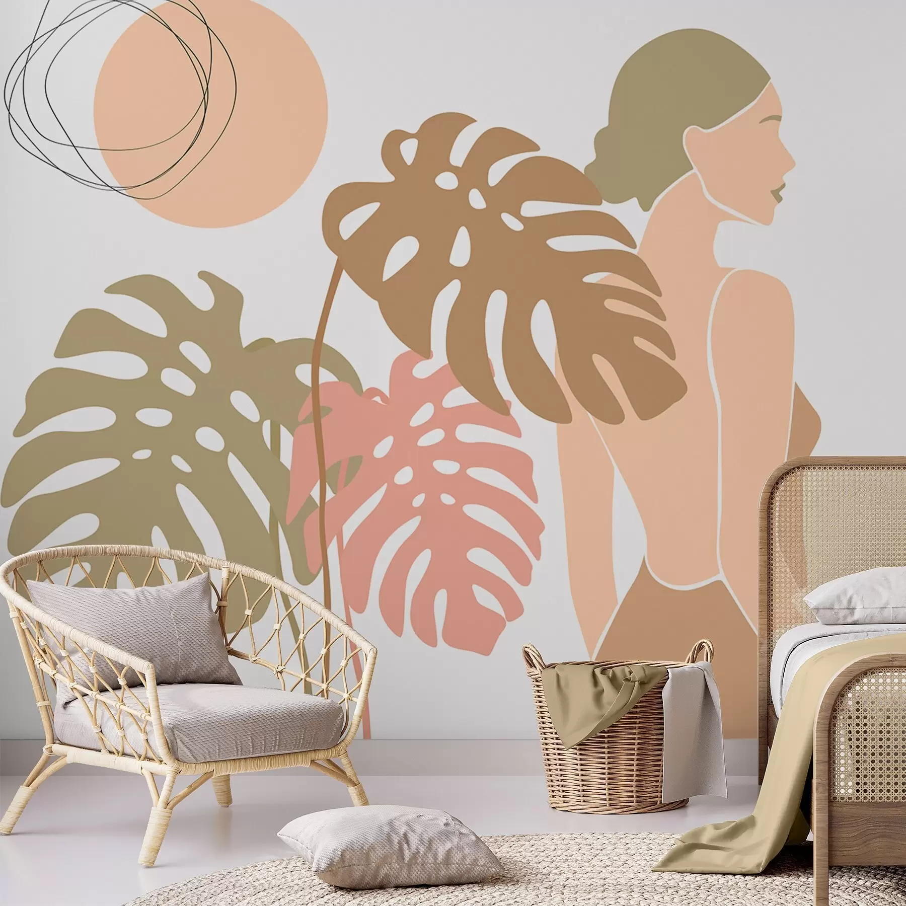 murales Silueta de una mujer cerca de hojas tropicales w05192v1