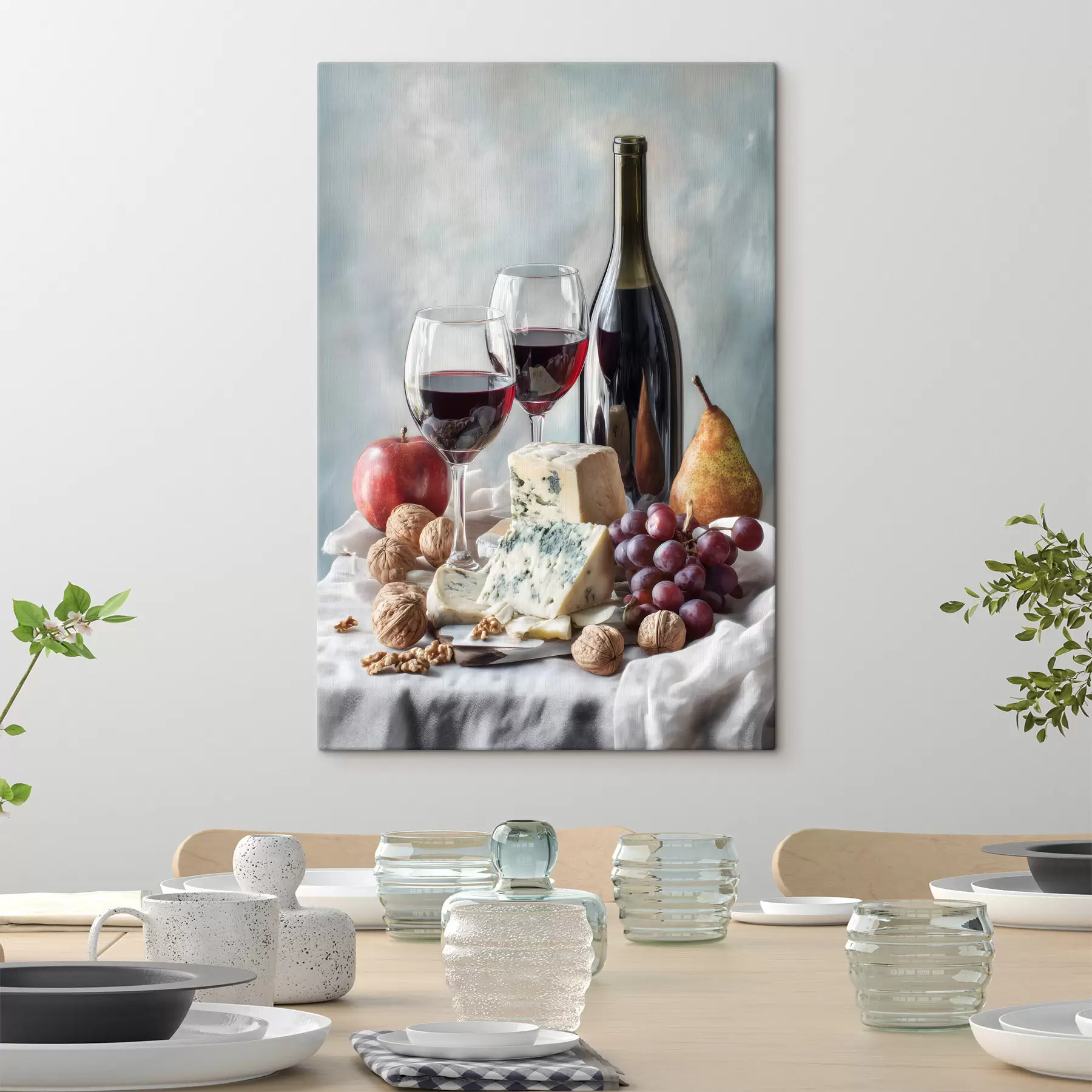 wall murals still life with wine, cheese and nuts s47686
