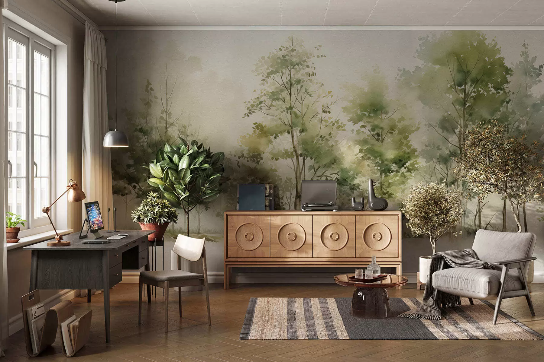 peintures murales Forêt de feuillus aquarellée w05180