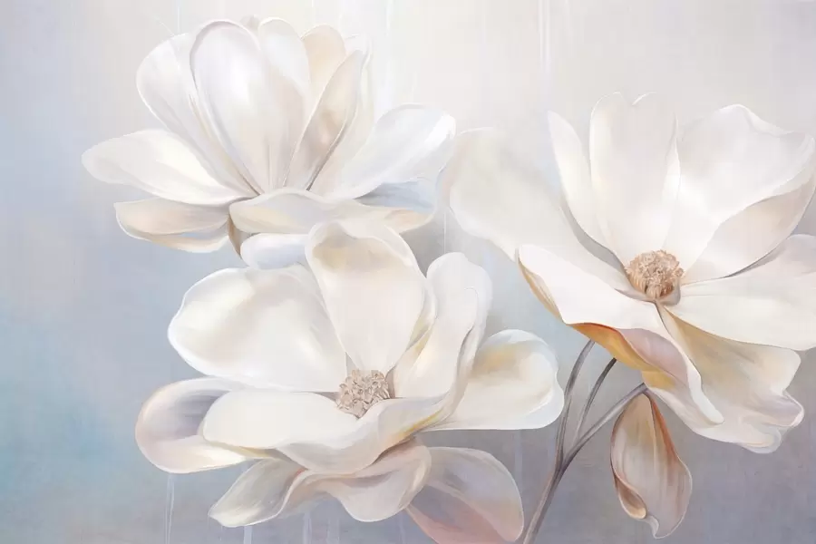 murais de parede Flores brancas de magnólia fantasiosa com pétalas delicadas e texturadas, um fundo suave e abstrato w09373