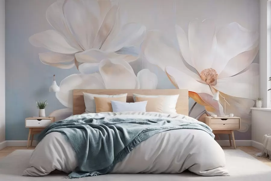 murales Flores blancas de magnolia fantásticas con pétalos de textura delicada, sobre un fondo suave y abstracto. w09373