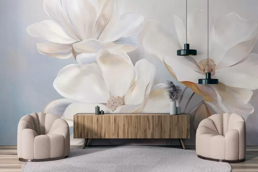 Wall Mural Photo Wallpaper White fantasy magnolia flowers with delicate textured petals, a soft, abstract background w09373