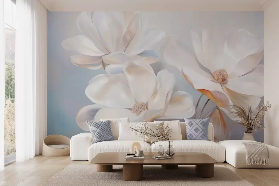 Wall Mural Photo Wallpaper White fantasy magnolia flowers with delicate textured petals, a soft, abstract background w09373
