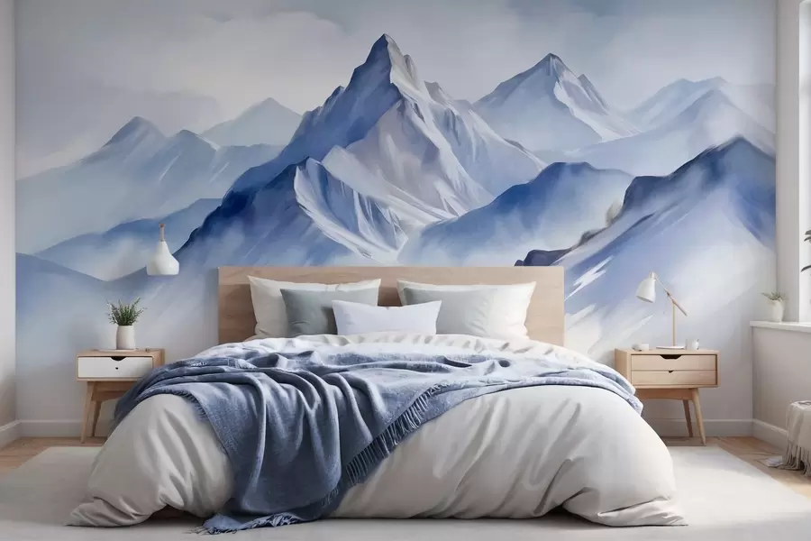 Wall Mural Photo Wallpaper Textured snowy mountains with a soft, watercolor effect and a palette of blue and white w09630