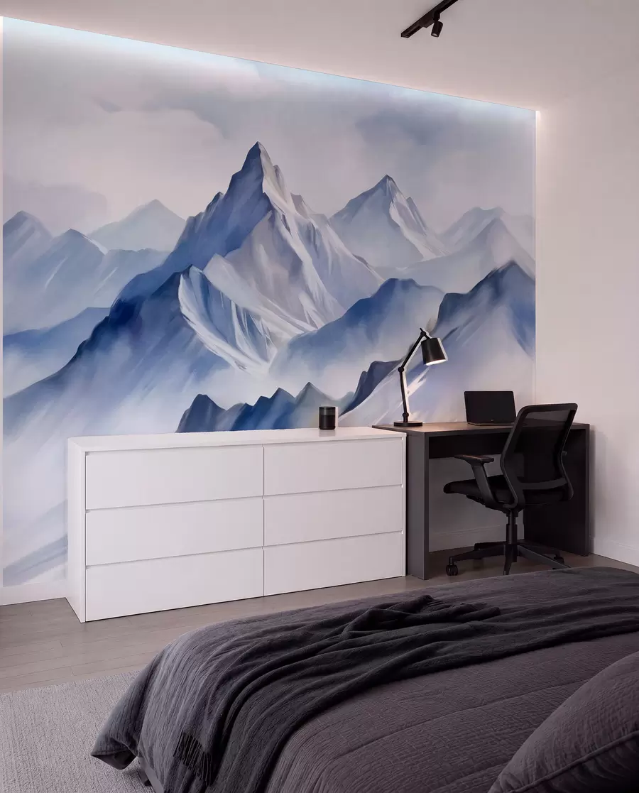peintures murales Montagnes enneigées texturées avec un effet aquarelle doux et une palette de bleus et de blancs w09630