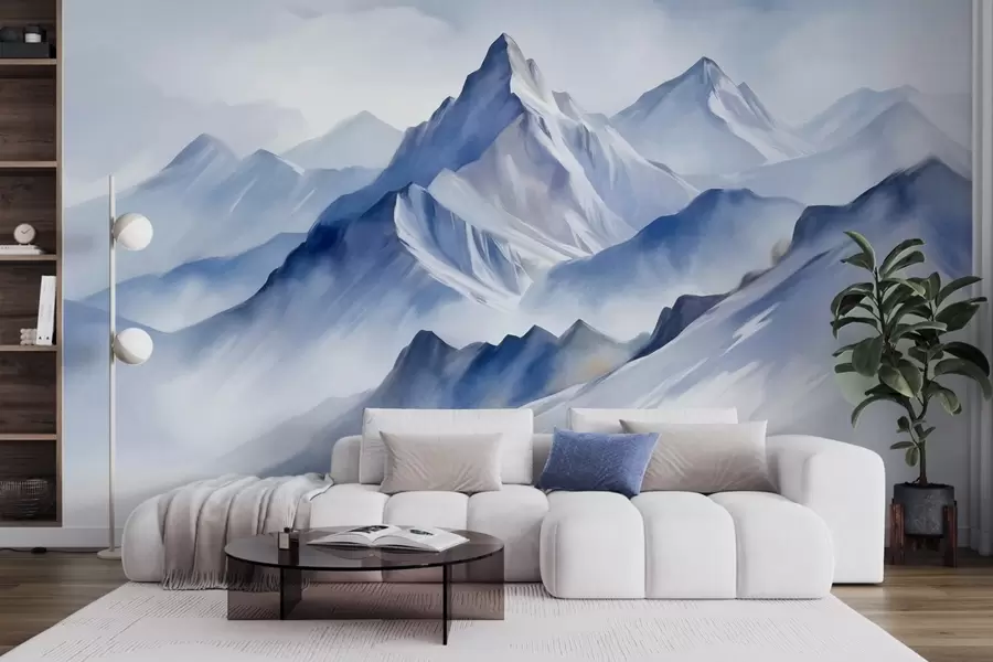 murales Montañas nevadas con textura, un suave efecto acuarela y una paleta de colores azul y blanco. w09630