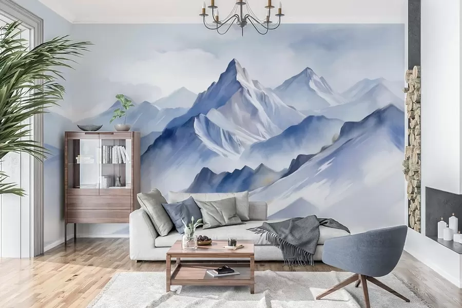 wall murals Textured snowy mountains with a soft, watercolor effect and a palette of blue and white w09630