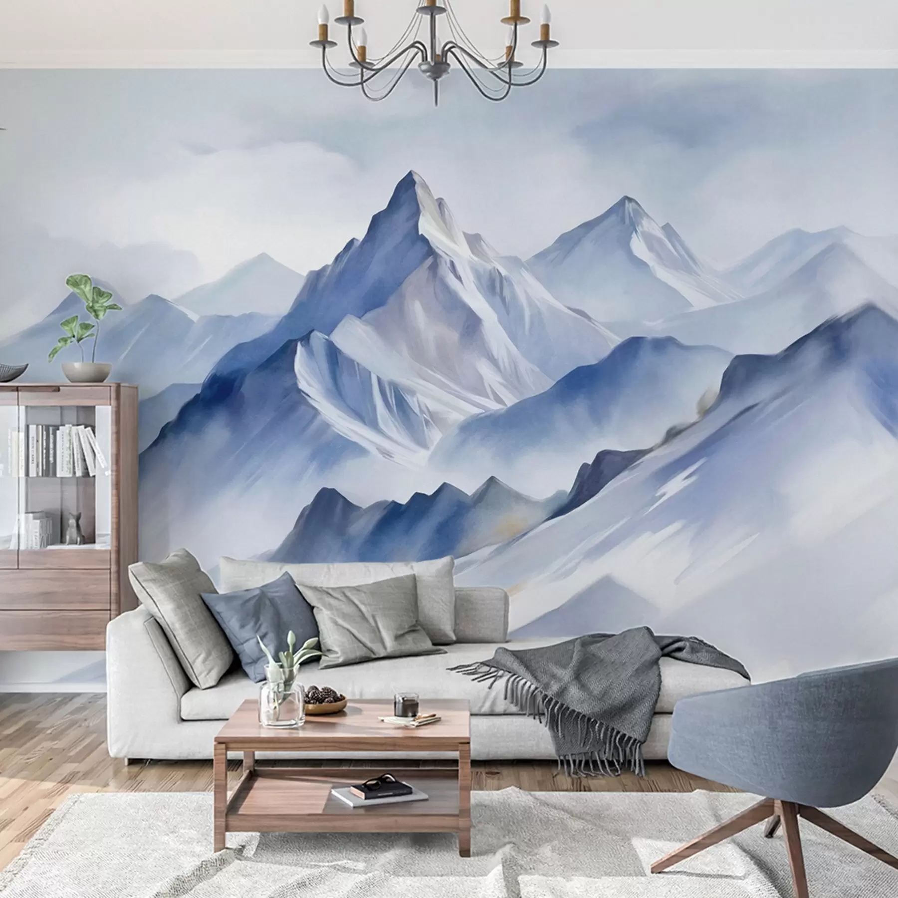 peintures murales Montagnes enneigées texturées avec un effet aquarelle doux et une palette de bleus et de blancs w09630