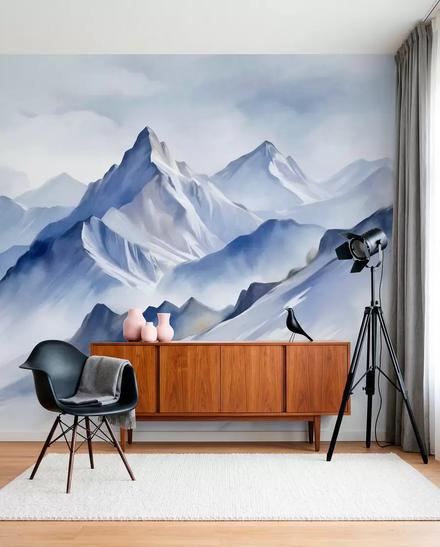 Wall Mural Photo Wallpaper Textured snowy mountains with a soft, watercolor effect and a palette of blue and white w09630