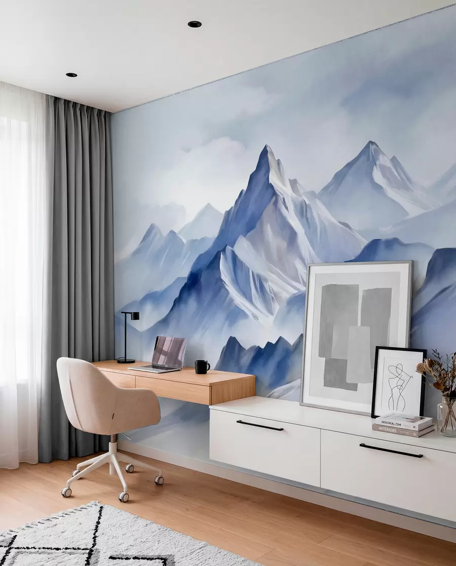 wall murals Textured snowy mountains with a soft, watercolor effect and a palette of blue and white w09630