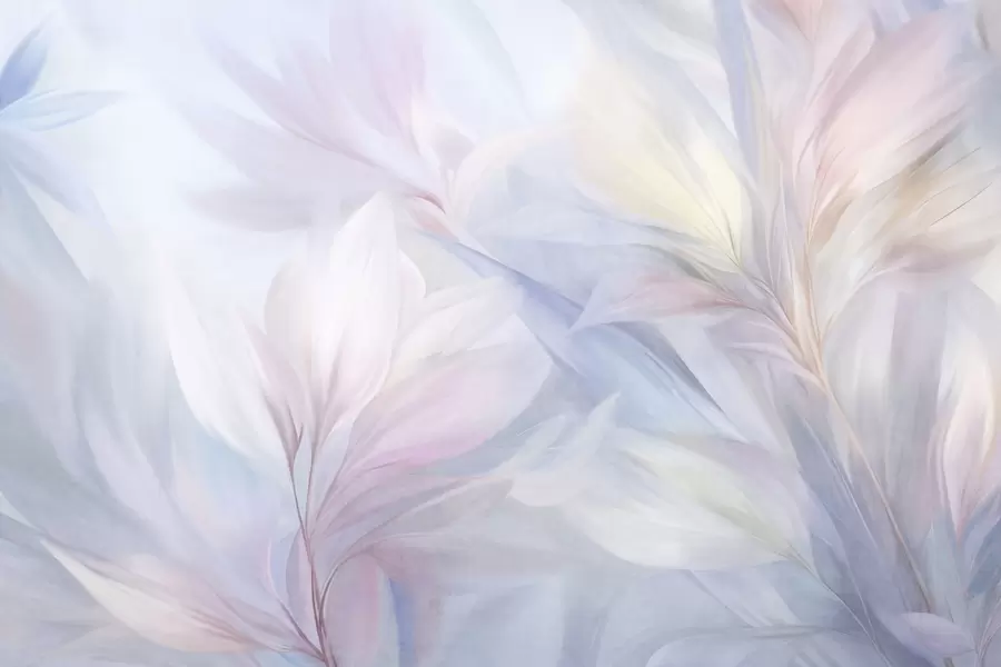 peintures murales Feuilles et plumes douces aux couleurs pastel dans les tons rose, bleu et jaune, imprimé abstrait et texturé w09634