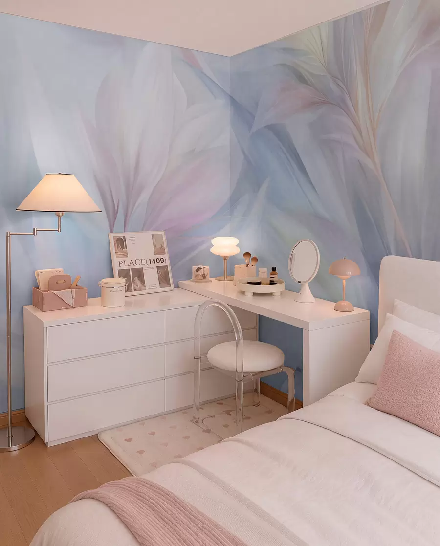wall murals Soft, pastel-colored leaves and feathers in shades of pink, blue and yellow, abstract and textured print w09634