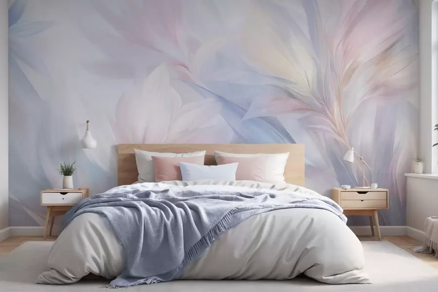 murales Hojas suaves en tonos pastel y plumas en tonos rosa, azul y amarillo, estampado abstracto y con textura. w09634