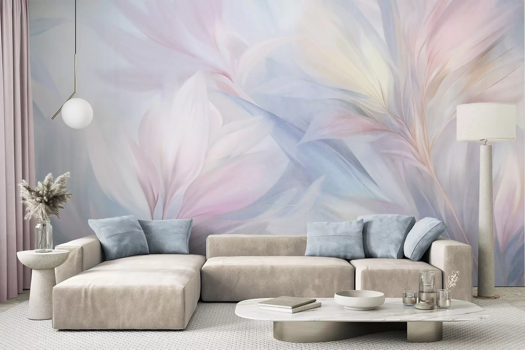 murais de parede Folhas suaves em tons pastel e penas em tons de rosa, azul e amarelo, estampado abstrato e texturado w09634