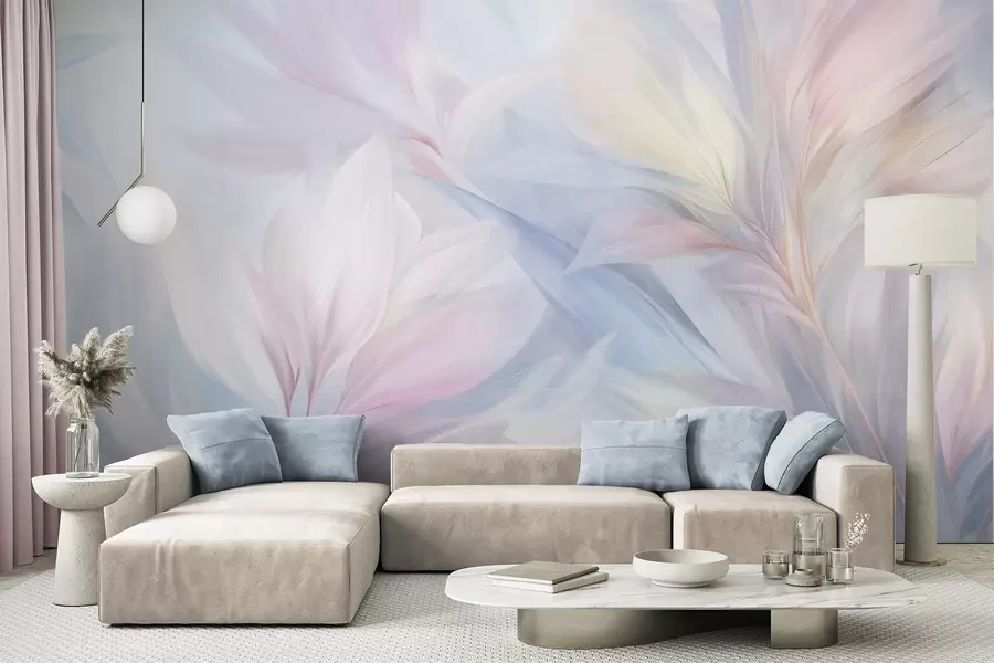 Wall Mural Photo Wallpaper Soft, pastel-colored leaves and feathers in shades of pink, blue and yellow, abstract and textured print w09634