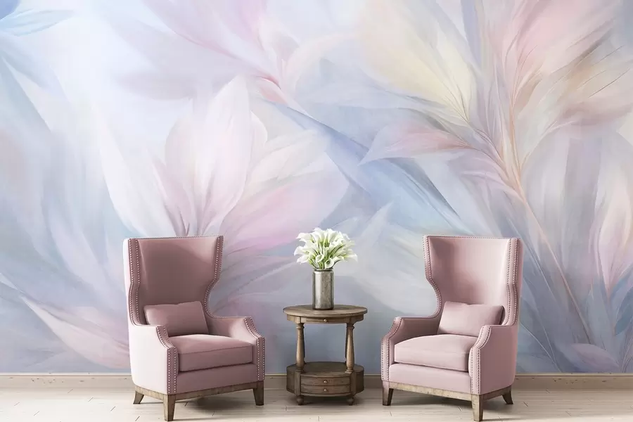 Wall Mural Photo Wallpaper Soft, pastel-colored leaves and feathers in shades of pink, blue and yellow, abstract and textured print w09634