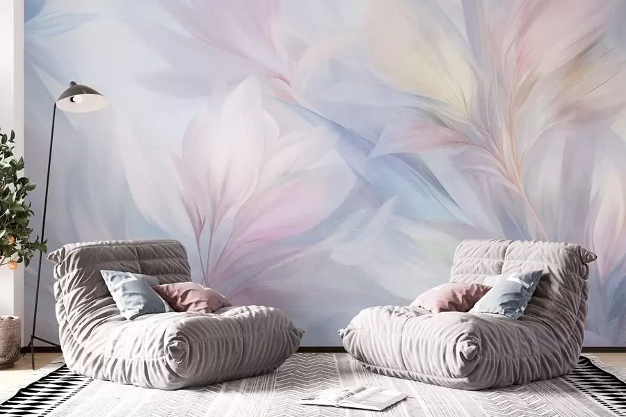 Wall Mural Photo Wallpaper Soft, pastel-colored leaves and feathers in shades of pink, blue and yellow, abstract and textured print w09634