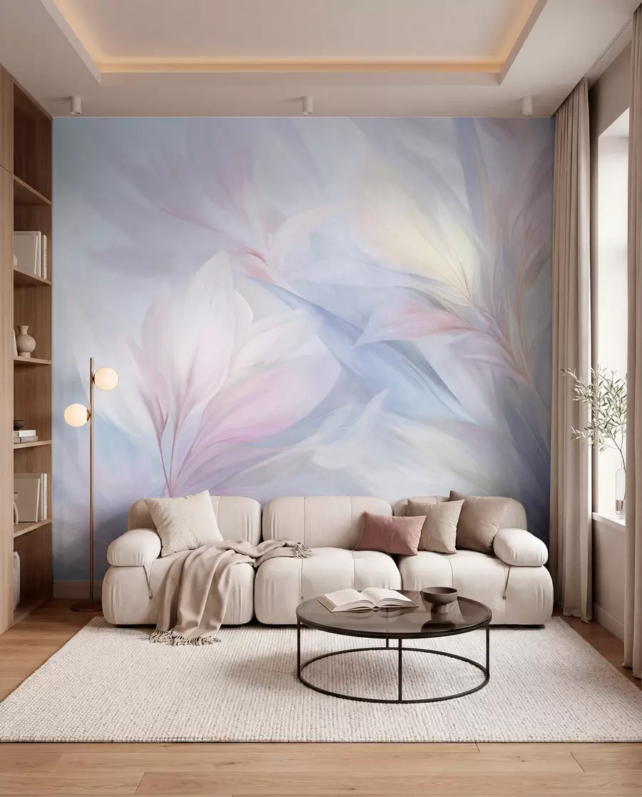 Wall Mural Photo Wallpaper Soft, pastel-colored leaves and feathers in shades of pink, blue and yellow, abstract and textured print w09634