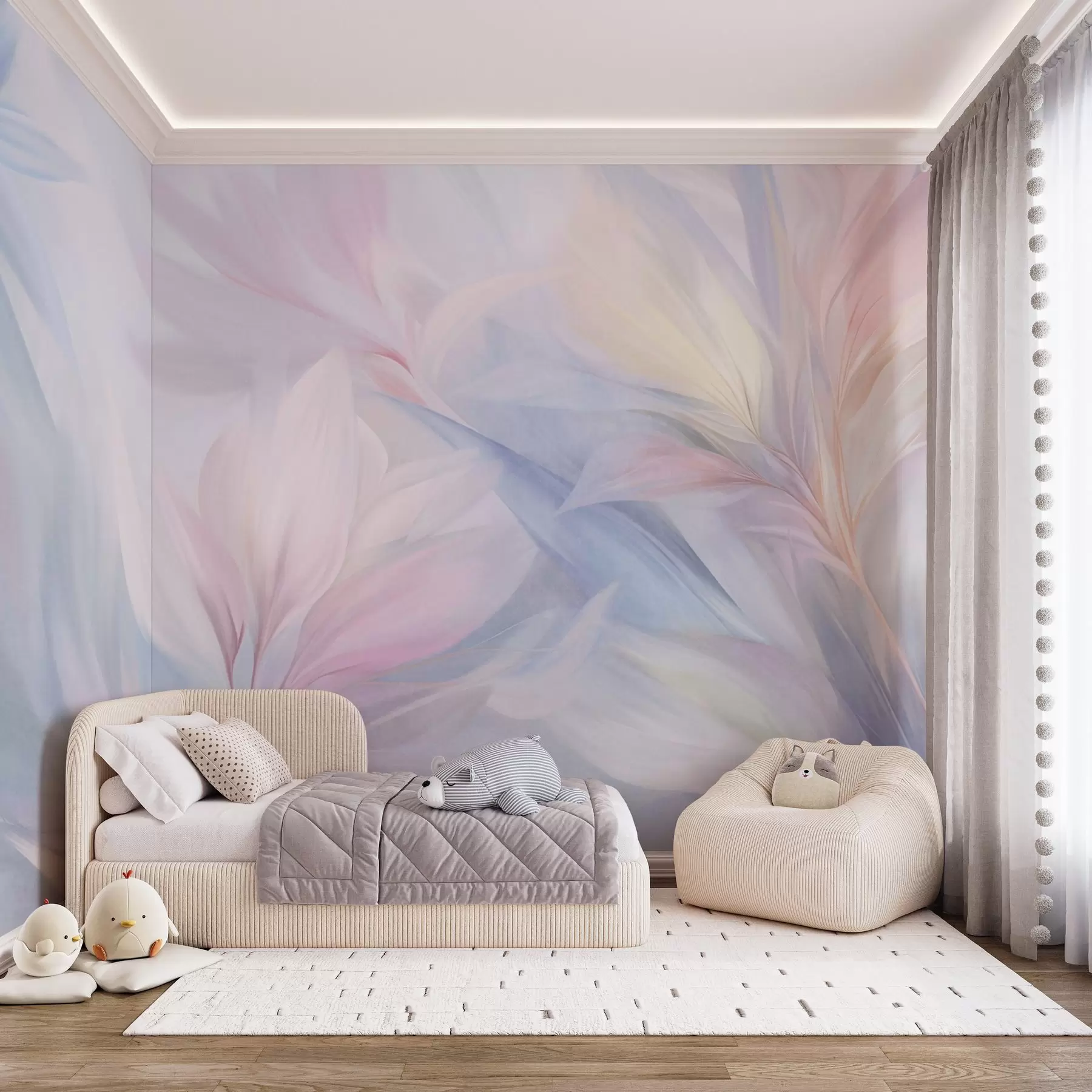 murales Hojas suaves en tonos pastel y plumas en tonos rosa, azul y amarillo, estampado abstracto y con textura. w09634