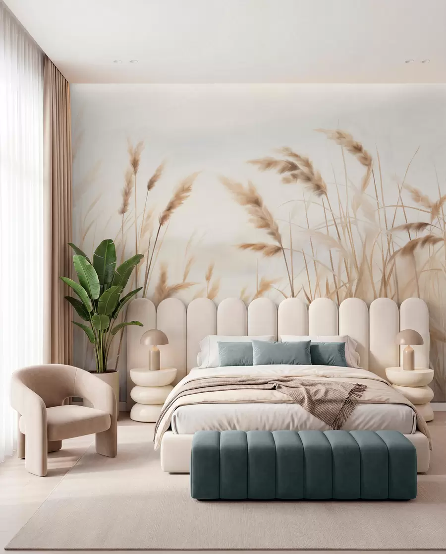 peintures murales Hautes herbes sèches et texturées avec des épis de blé dans le champ sur un fond doux et pâle w09648