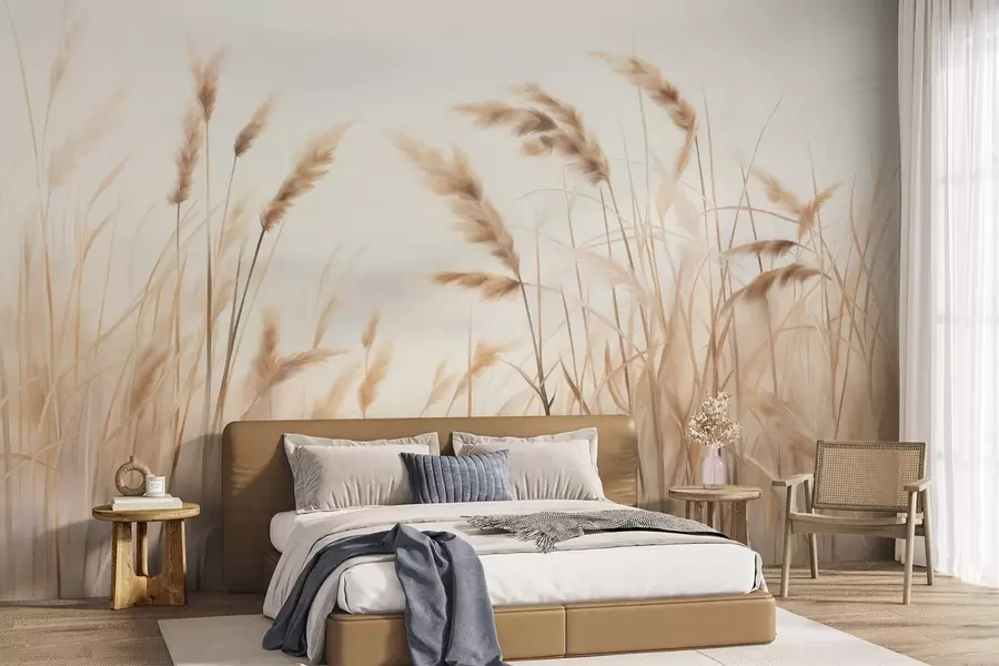 Wall Mural Photo Wallpaper Tall, textured dry grass with ears of wheat in the field against a soft, pale background w09648