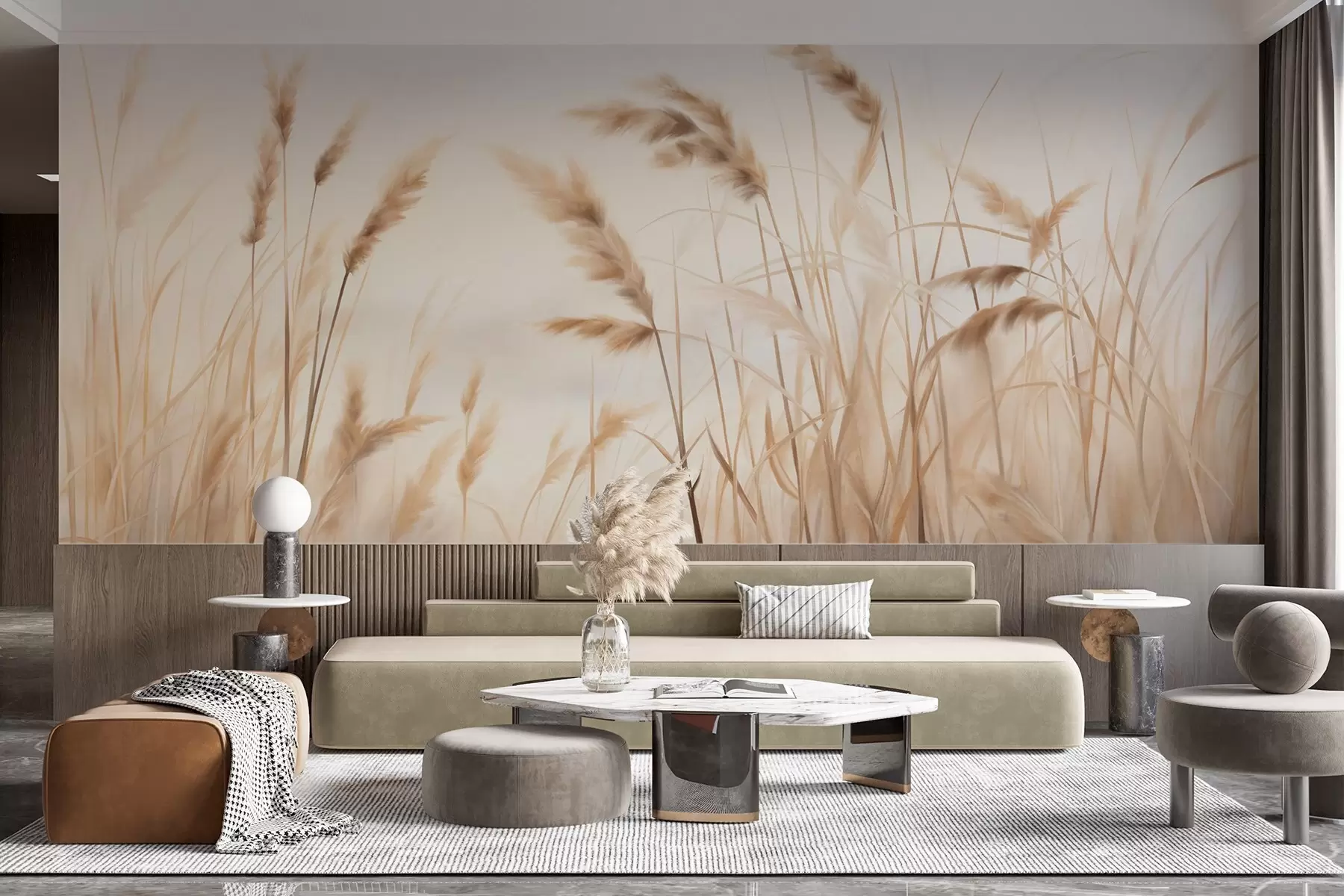 wall murals Tall, textured dry grass with ears of wheat in the field against a soft, pale background w09648