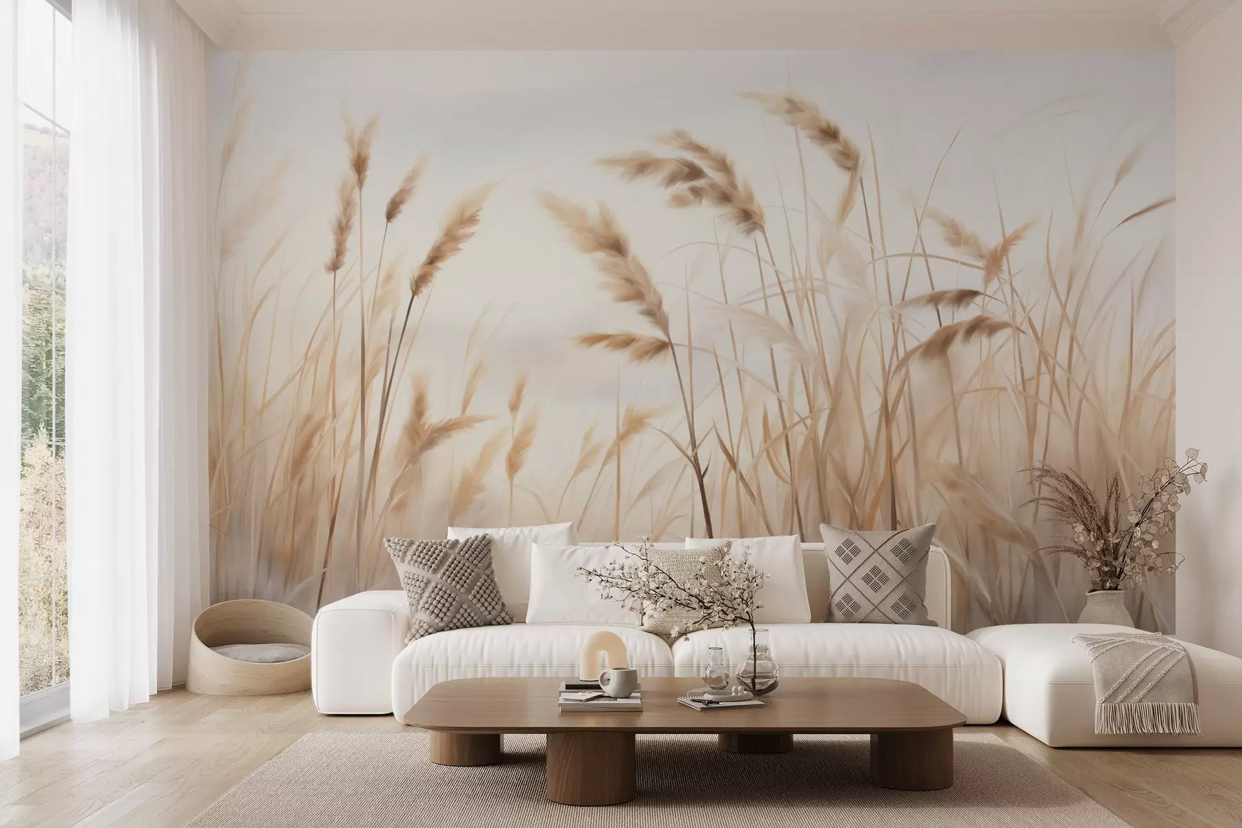peintures murales Hautes herbes sèches et texturées avec des épis de blé dans le champ sur un fond doux et pâle w09648