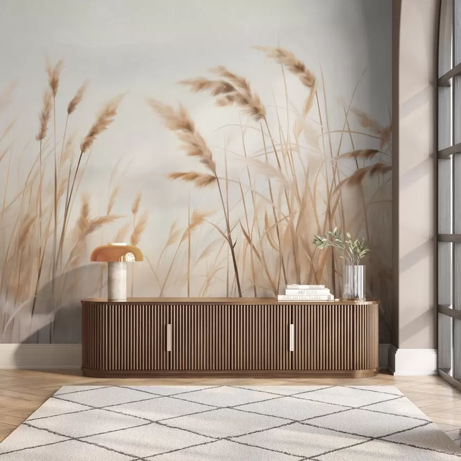 Wall Mural Photo Wallpaper Tall, textured dry grass with ears of wheat in the field against a soft, pale background w09648