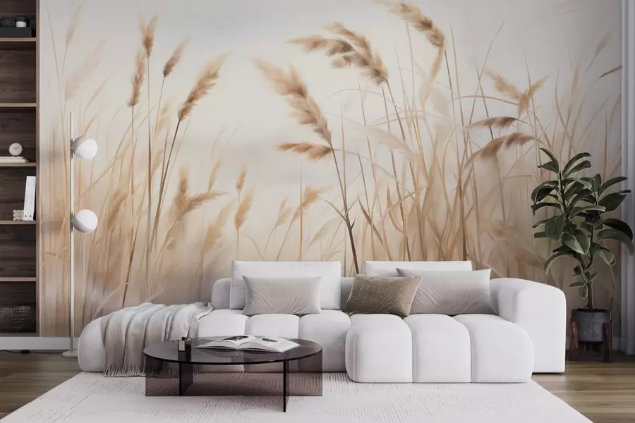 Wall Mural Photo Wallpaper Tall, textured dry grass with ears of wheat in the field against a soft, pale background w09648