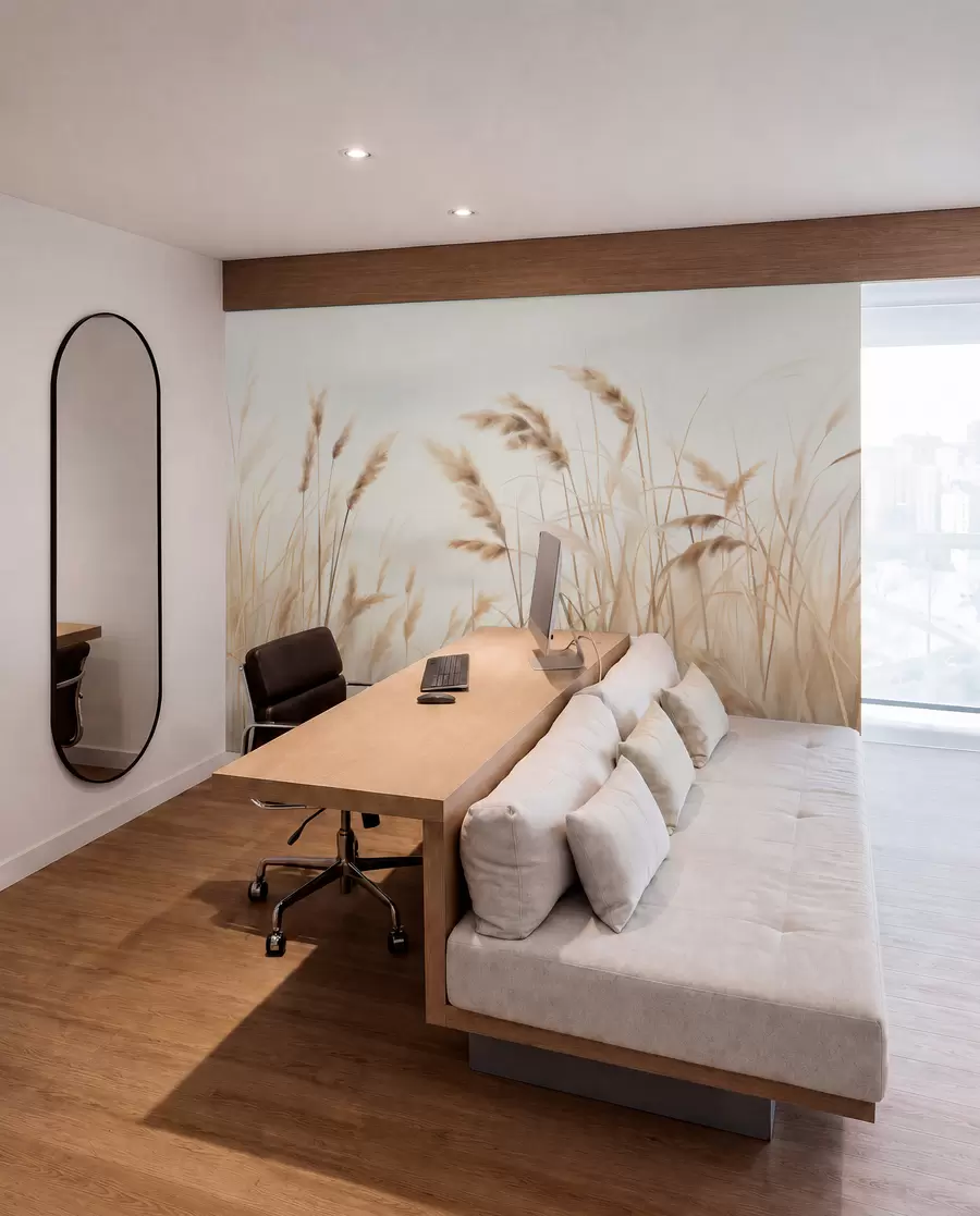 Wall Mural Photo Wallpaper Tall, textured dry grass with ears of wheat in the field against a soft, pale background w09648