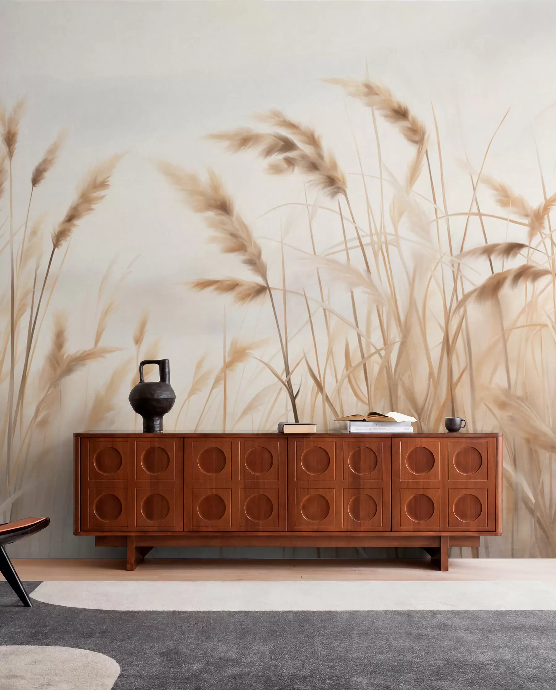 wall murals Tall, textured dry grass with ears of wheat in the field against a soft, pale background w09648