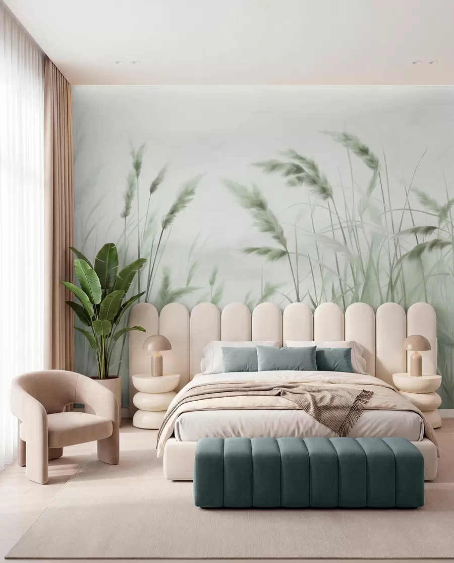 peintures murales Hautes herbes sèches et texturées avec des épis de blé dans le champ sur un fond doux et pâle w09648v1