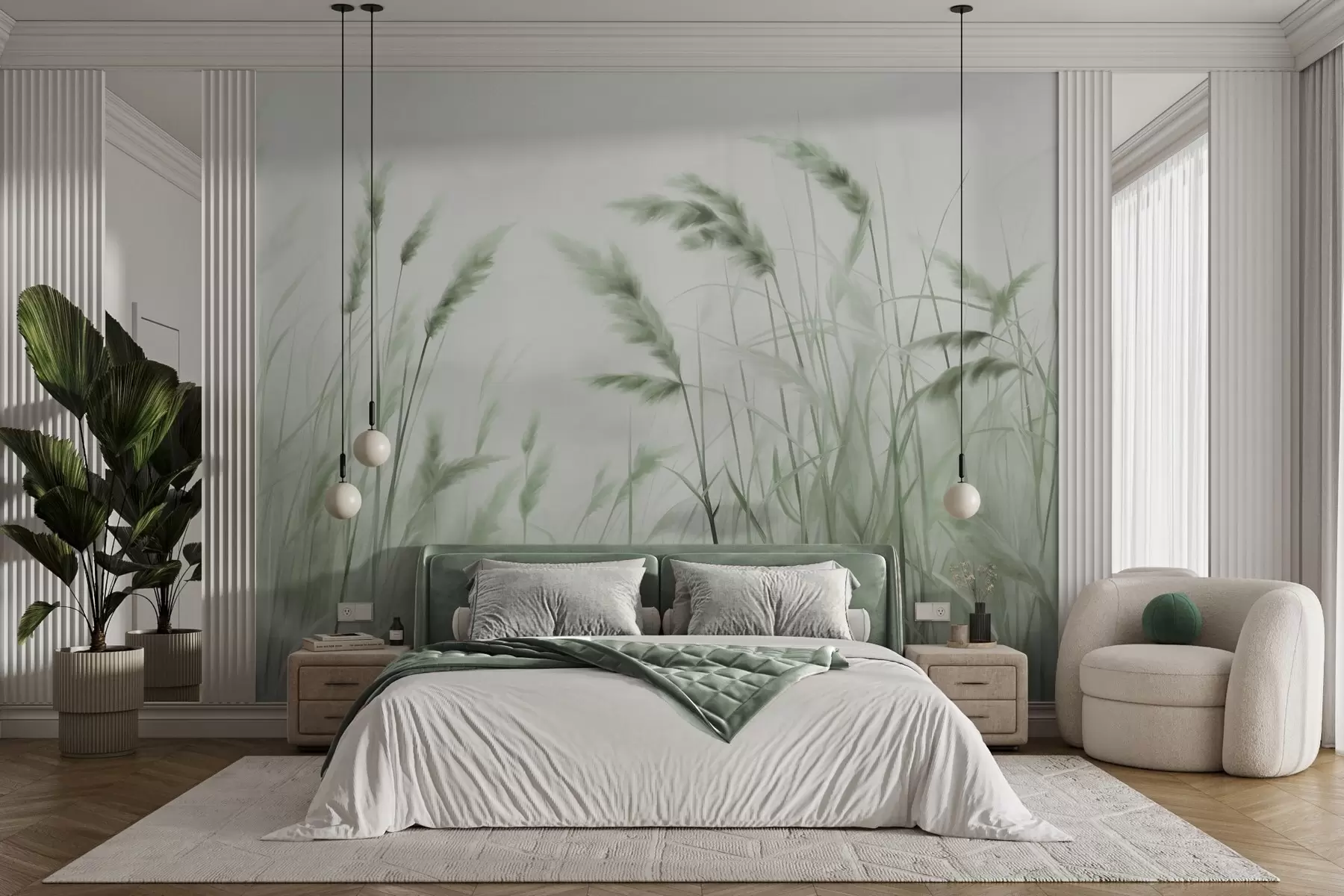 Wall Mural Photo Wallpaper Tall, textured dry grass with ears of wheat in the field against a soft, pale background w09648v1