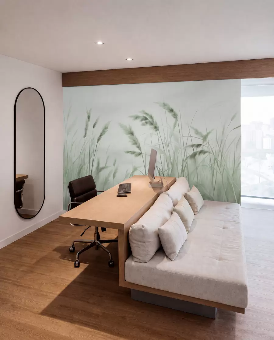 Wall Mural Photo Wallpaper Tall, textured dry grass with ears of wheat in the field against a soft, pale background w09648v1