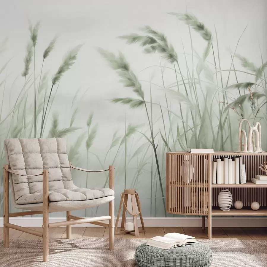 murales Hierba seca alta y texturizada con espigas de trigo en el campo sobre un fondo suave y pálido. w09648v1